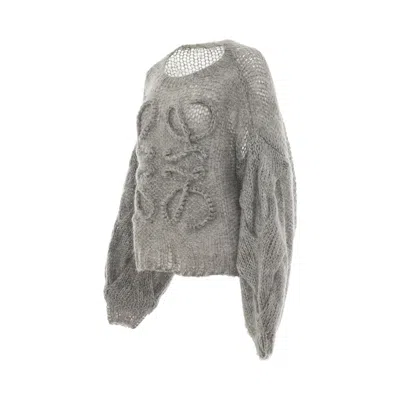 Loewe Logo-embroidered Open-knit Jumper In Grey Melange