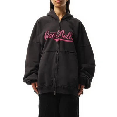 Balenciaga Hoodie With Zip And Hood 'hello Handsome In Washed Black
