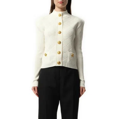 Balmain Women's Buttoned 2 Pockets Vichy Knit Cardigan In White