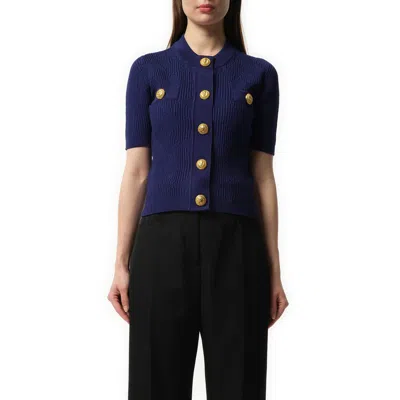 Balmain Women's Buttoned 2 Pockets Vichy Knit Cardigan In Blue
