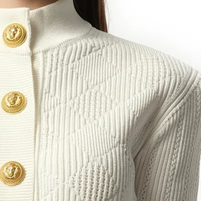 Balmain Women's Buttoned 2 Pockets Vichy Knit Cardigan In White