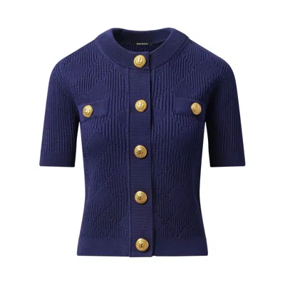 Balmain Women's Buttoned 2 Pockets Vichy Knit Cardigan In Blue