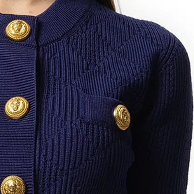 Balmain Women's Buttoned 2 Pockets Vichy Knit Cardigan In Blue