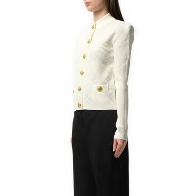 Balmain Women's Buttoned 2 Pockets Vichy Knit Cardigan In White