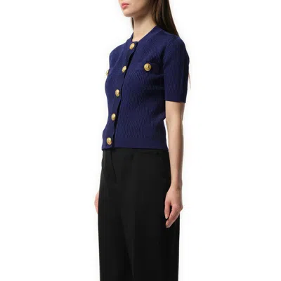 Balmain Women's Buttoned 2 Pockets Vichy Knit Cardigan In Blue