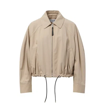 Loewe Cropped Zip Up Drawstring Balloon Jacket In Beige