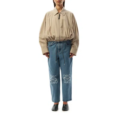 Loewe Cropped Zip Up Drawstring Balloon Jacket In Beige