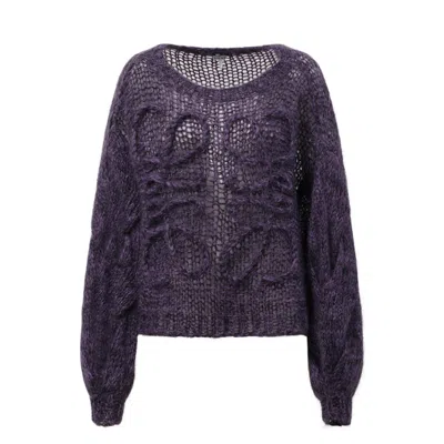 Loewe Anagram Embroidered Cable-knit Mohair-blend Sweater In Black/purple
