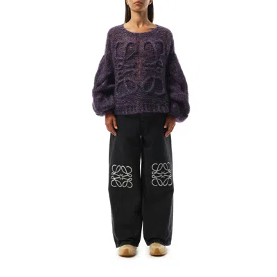 Loewe Anagram Embroidered Cable-knit Mohair-blend Sweater In Black/purple