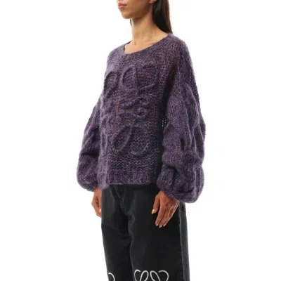 Loewe Anagram Embroidered Cable-knit Mohair-blend Sweater In Black/purple