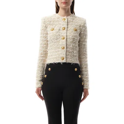 Balmain White Crewneck Cardigan With Jewel Buttons In White/gold