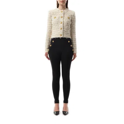 Balmain White Crewneck Cardigan With Jewel Buttons In White/gold