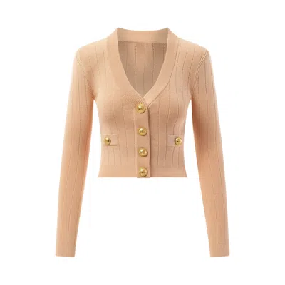 Balmain Fitted Knit Cardigan With Gold Button Accents In Nude Rose