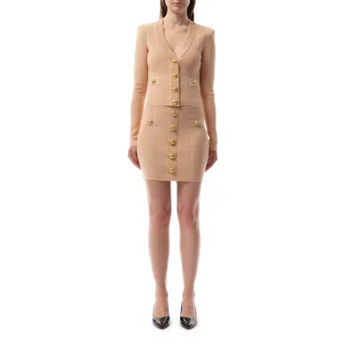 Balmain Fitted Knit Cardigan With Gold Button Accents In Nude Rose