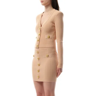 Balmain Fitted Knit Cardigan With Gold Button Accents In Nude Rose