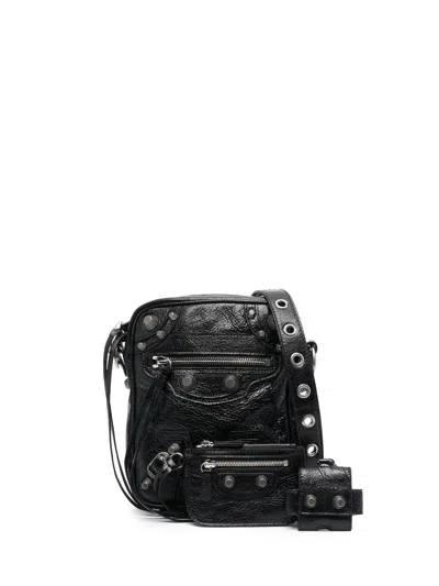 Balenciaga Le Cagole Embellished Textured-leather Messenger Bag In Black