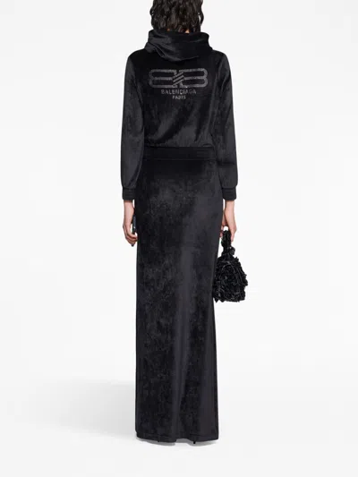 Balenciaga Crystal Embellished Velvet Zip-up Hoodie In Black