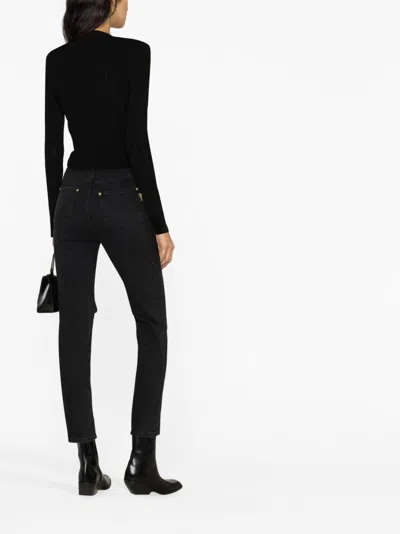 Balmain Black Ribbed Cardigan With Shoulder Pads And Logoed Metal Buttons In Black