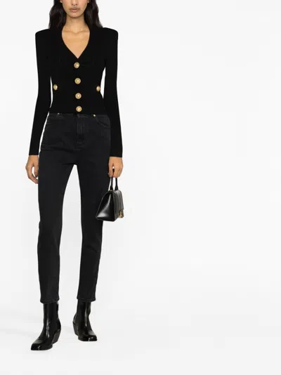 Balmain Black Ribbed Cardigan With Shoulder Pads And Logoed Metal Buttons In Black