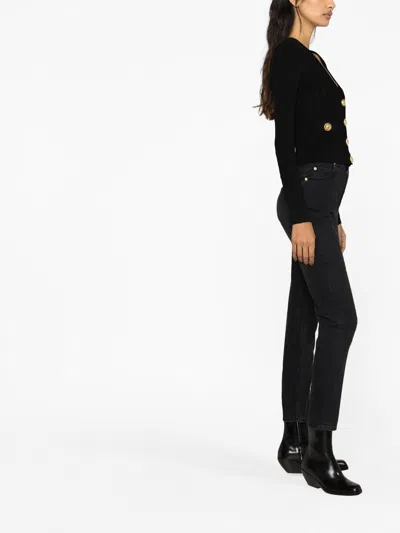 Balmain Black Ribbed Cardigan With Shoulder Pads And Logoed Metal Buttons In Black