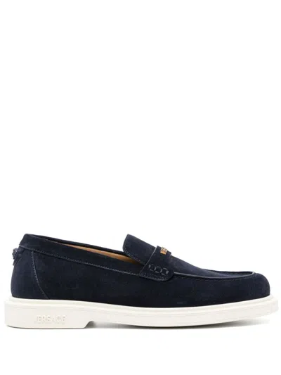 Versace Suede Penny Loafers Rounded Tip In Blue