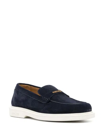 Versace Suede Penny Loafers Rounded Tip In Blue