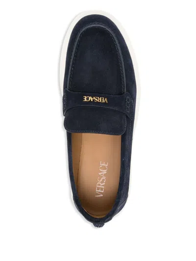 Versace Suede Penny Loafers Rounded Tip In Blue