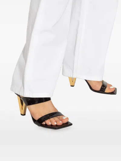 Versace Patent Leather Mules With Galvanized V-shaped Heel In Black