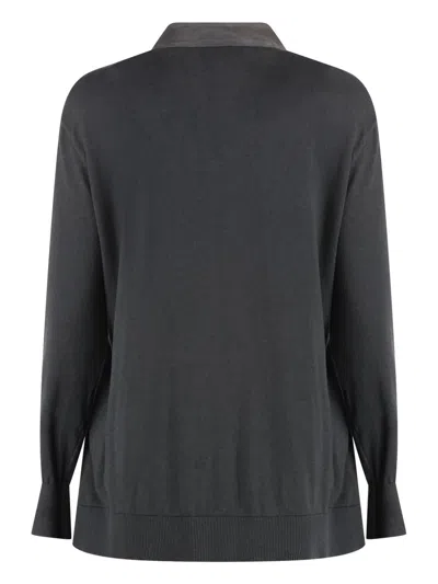 Moorer Cardigan With Suede Frontal Panel In Grey