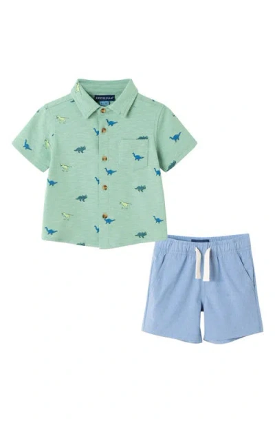 Andy & Evan Dino Print Button-up Shirt & Shorts Set In Light Green