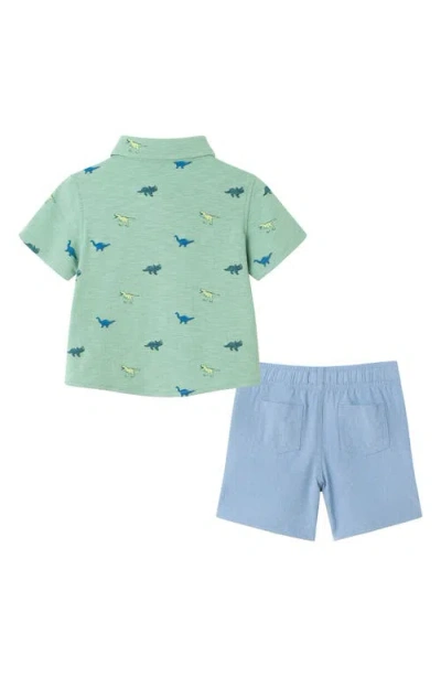 Andy & Evan Dino Print Button-up Shirt & Shorts Set In Light Green