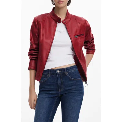 Desigual Faux Leather Moto Jacket In Orange Red