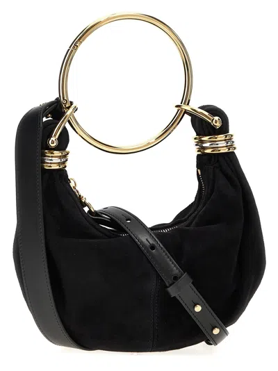 Chloé Bracelet Small Embellished Leather-trimmed Suede Shoulder Bag In Black