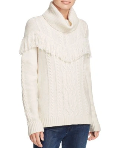Joie Viviam Cable Knit Turtleneck Fringed Sweater In Chalk
