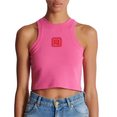 Balmain Cropped Tank Top With Retro Pb Embroidery