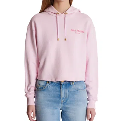 Balmain Flocked Logo Cropped Organic Cotton Hoodie