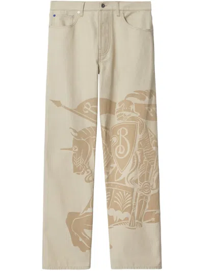 Burberry Straight Graphic Print Trousers With Rivet Detailing In Neutrals