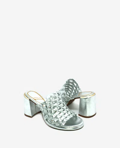 Kenneth Cole Solara Metallic Leather Woven Heel Sandal In Silver Leather
