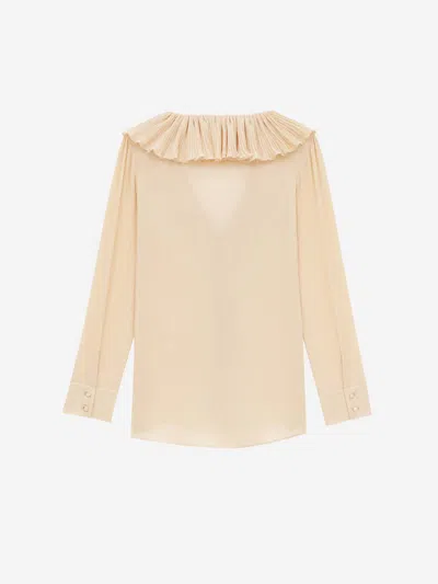 Saint Laurent Beige Blouse With V Neck And Ruffles On Front And Rear In Silk Woman In Brown