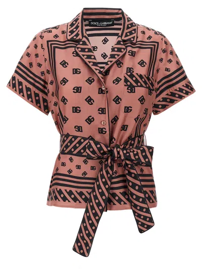 Dolce & Gabbana Pink Shirt With All-over Printed Dg Logo And Waist Belt In Silk Woman