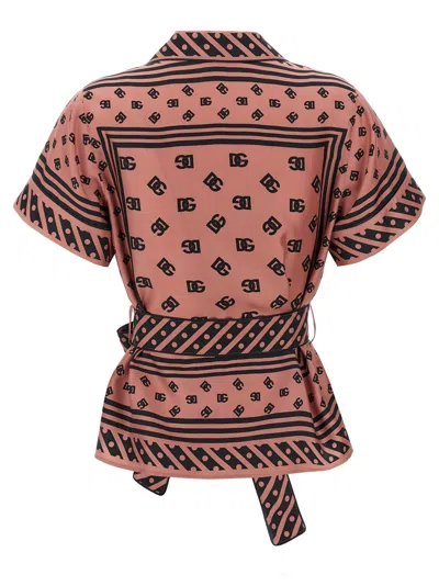Dolce & Gabbana Pink Shirt With All-over Printed Dg Logo And Waist Belt In Silk Woman