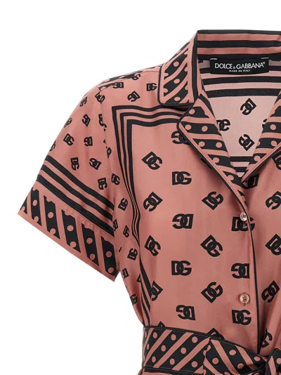 Dolce & Gabbana Pink Shirt With All-over Printed Dg Logo And Waist Belt In Silk Woman