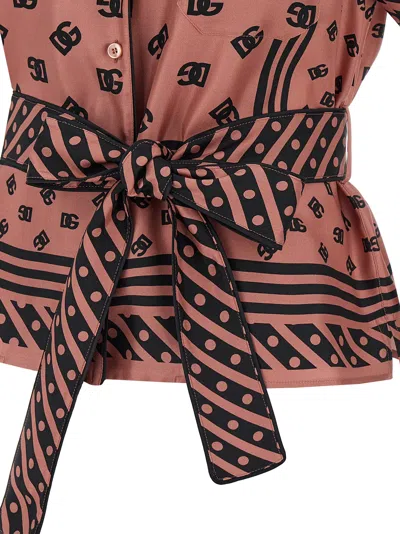 Dolce & Gabbana Pink Shirt With All-over Printed Dg Logo And Waist Belt In Silk Woman