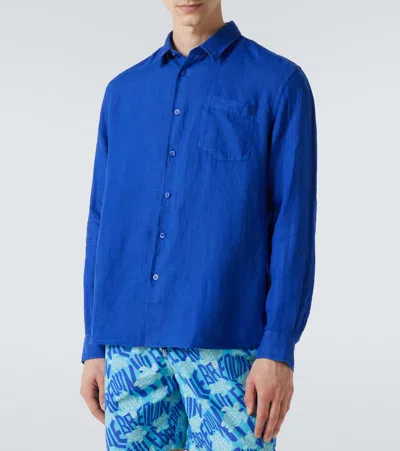 Vilebrequin Linen Embroidered Caroubis Shirt In Blue