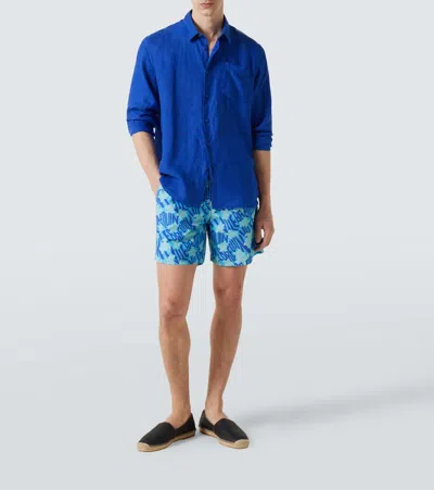 Vilebrequin Linen Embroidered Caroubis Shirt In Blue