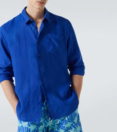 Vilebrequin Linen Embroidered Caroubis Shirt In Blue