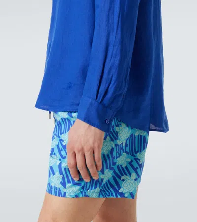 Vilebrequin Linen Embroidered Caroubis Shirt In Blue