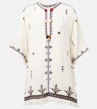 Isabel Marant Étoile 'kressy' White Dress With All-over Embroidery And Frayed Edge In Beige