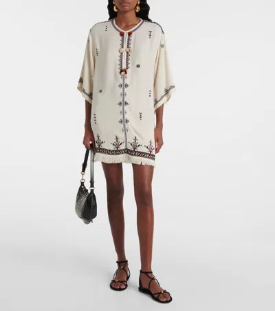 Isabel Marant Étoile 'kressy' White Dress With All-over Embroidery And Frayed Edge In Beige