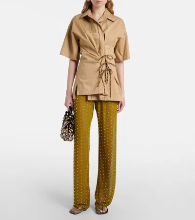 Dries Van Noten Studded Sheer Drawstring Pants In Olive